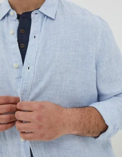 FatFace Stripe Linen Shirt Chambray Blue Sale