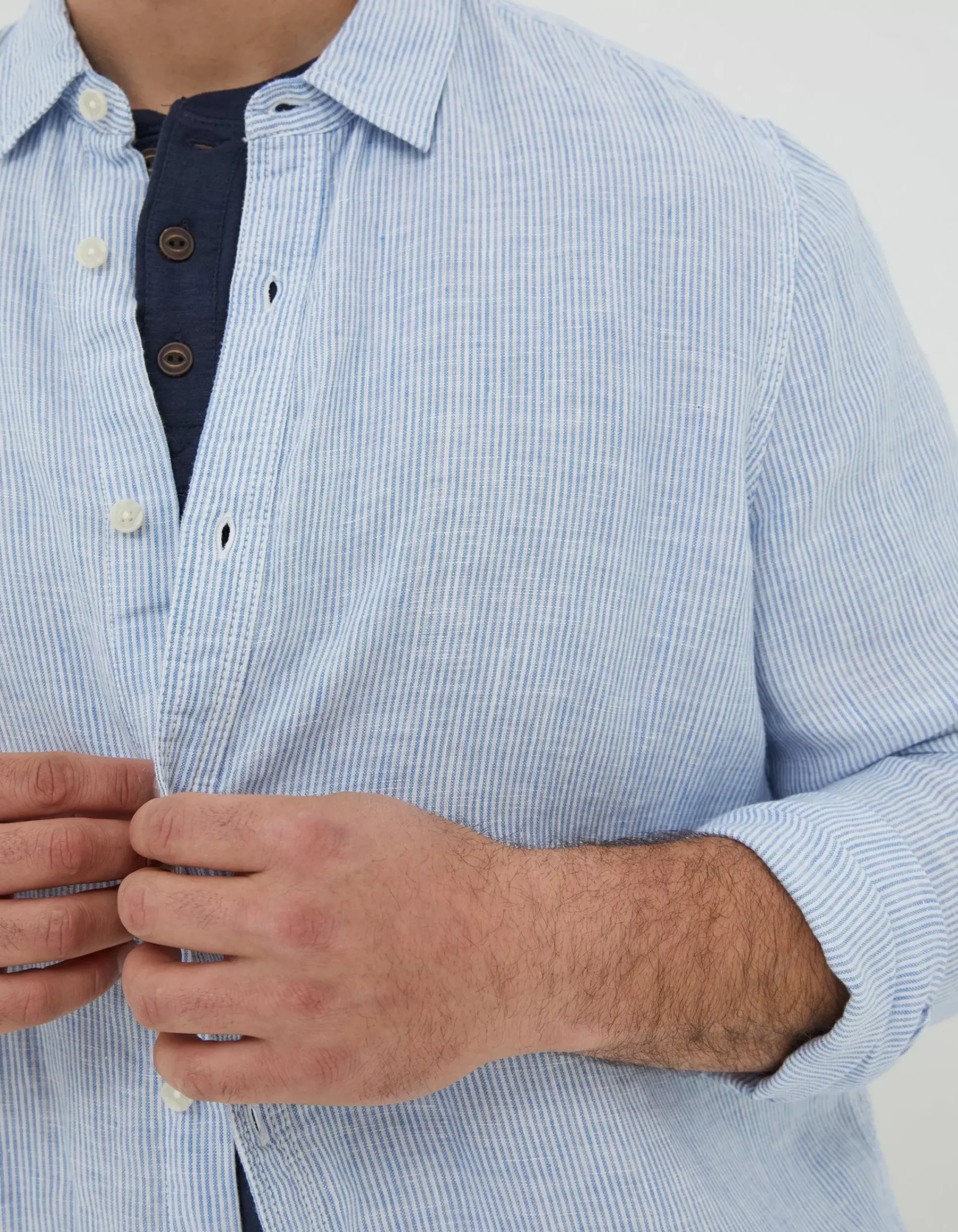 FatFace Stripe Linen Shirt Chambray Blue Sale