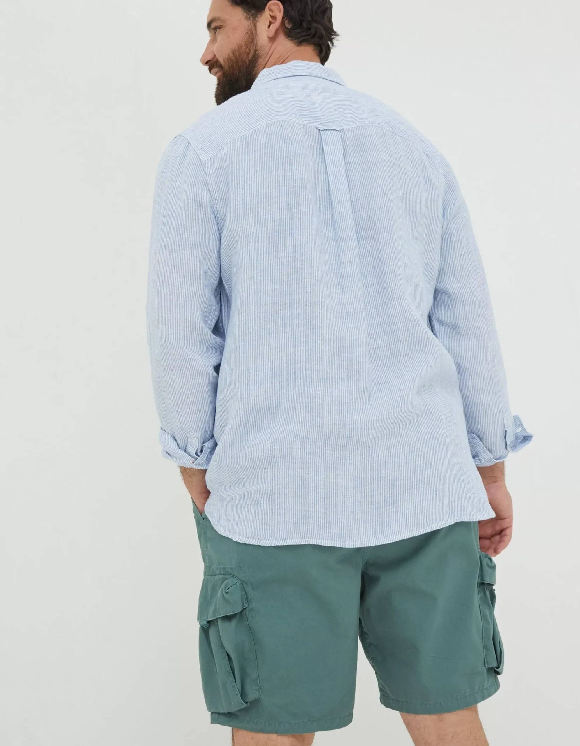FatFace Stripe Linen Shirt Chambray Blue Sale