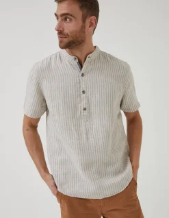 FatFace Stripe Pop Over Linen Shirt Natural Online