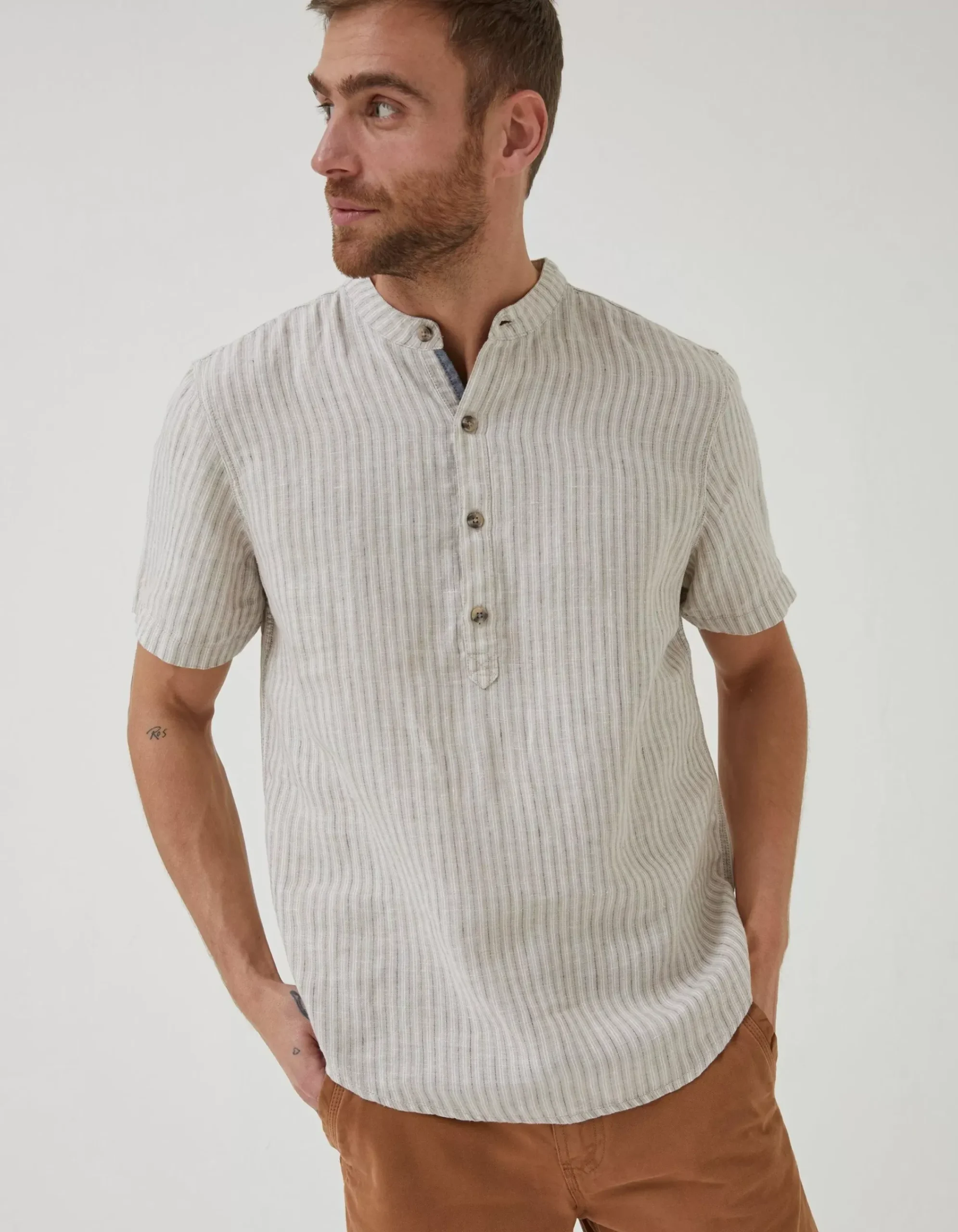 FatFace Stripe Pop Over Linen Shirt Natural Online
