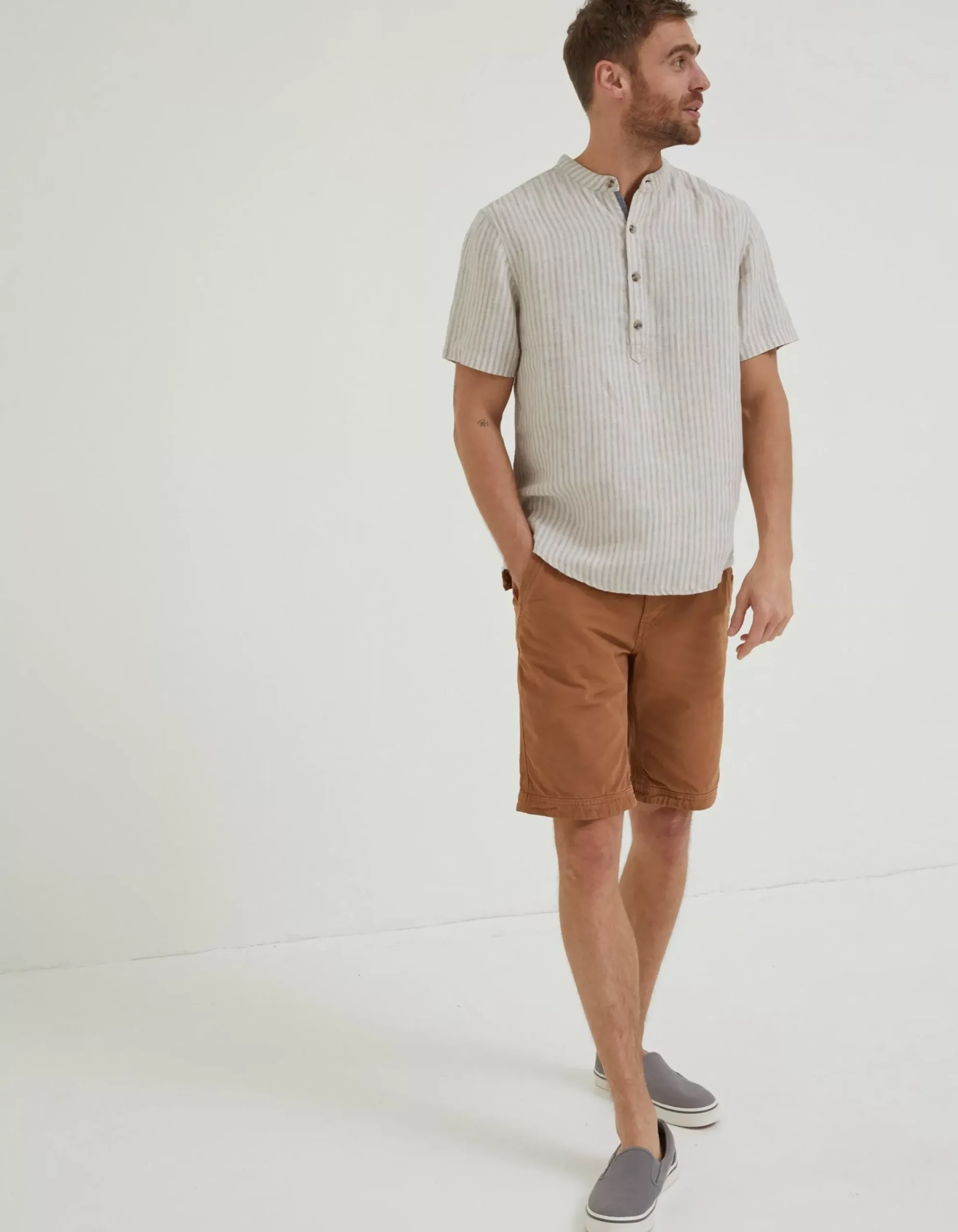 FatFace Stripe Pop Over Linen Shirt Natural Online