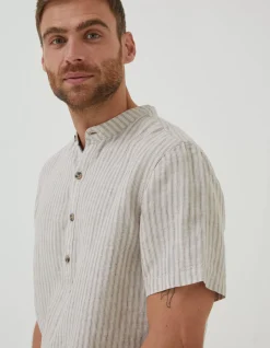 FatFace Stripe Pop Over Linen Shirt Natural Online