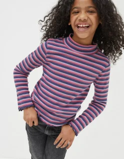 FatFace Stripe Rollneck Jersey T-Shirt Pink Discount