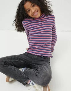 FatFace Stripe Rollneck Jersey T-Shirt Pink Discount