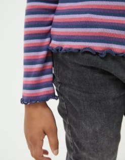 FatFace Stripe Rollneck Jersey T-Shirt Pink Discount