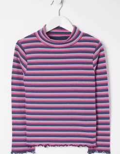 FatFace Stripe Rollneck Jersey T-Shirt Pink Discount