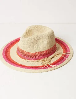 FatFace Stripe Straw Fedora Hat Natural Sale