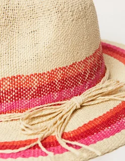 FatFace Stripe Straw Fedora Hat Natural Sale