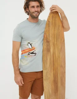 FatFace Surfing Penguins T-Shirt Sage Green Discount