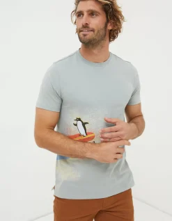 FatFace Surfing Penguins T-Shirt Sage Green Discount