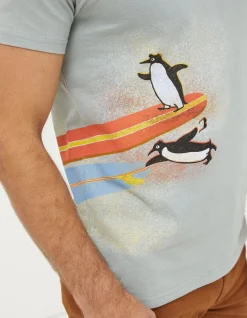 FatFace Surfing Penguins T-Shirt Sage Green Discount