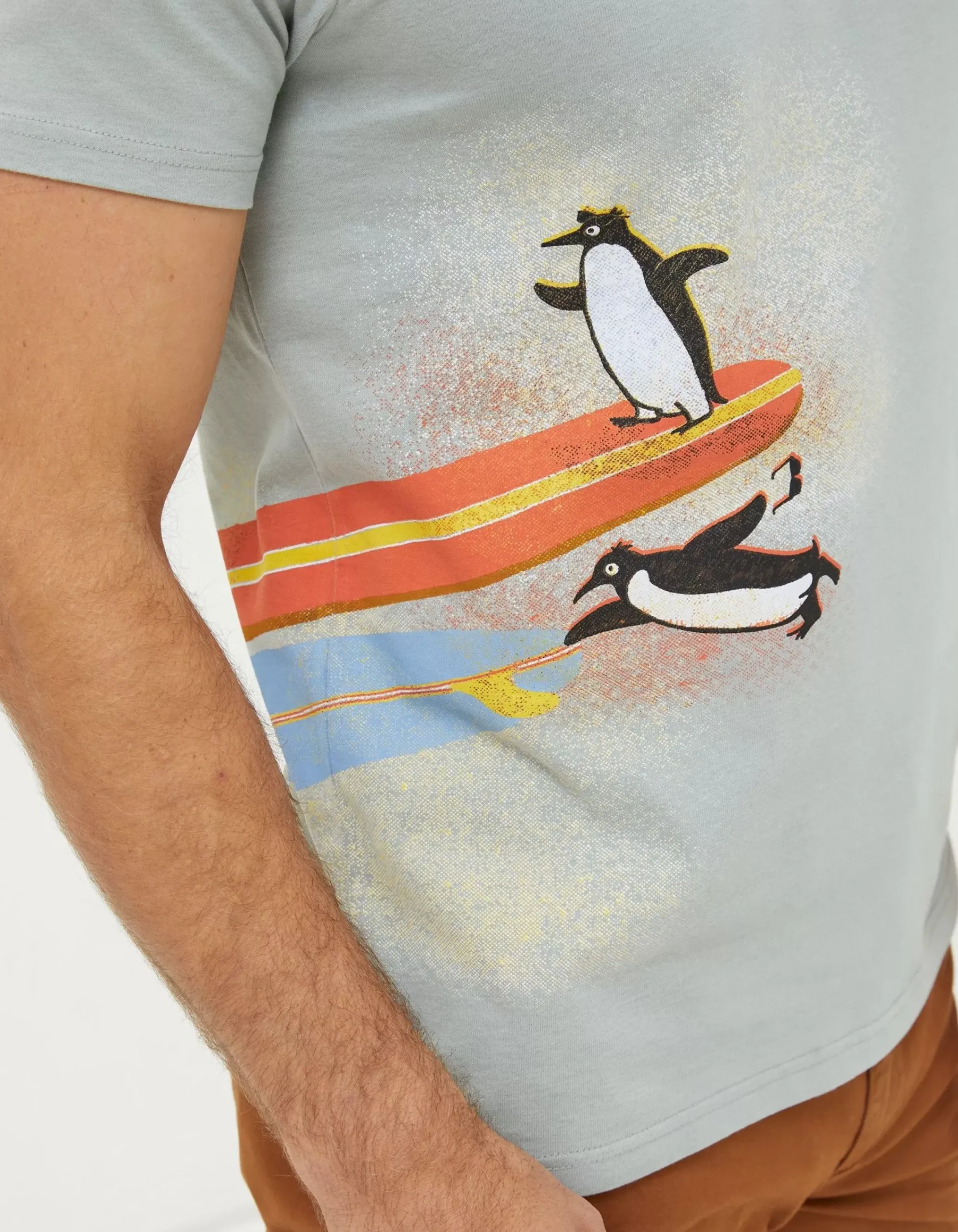 FatFace Surfing Penguins T-Shirt Sage Green Discount