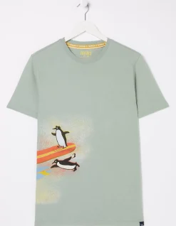 FatFace Surfing Penguins T-Shirt Sage Green Discount
