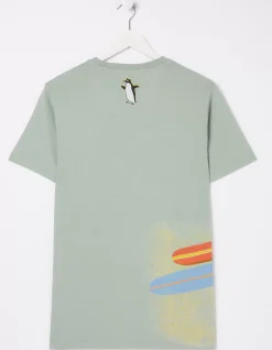 FatFace Surfing Penguins T-Shirt Sage Green Discount