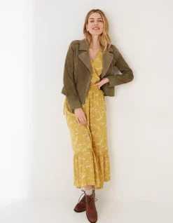 FatFace Suzie Suede Biker Jacket Mid Green Hot