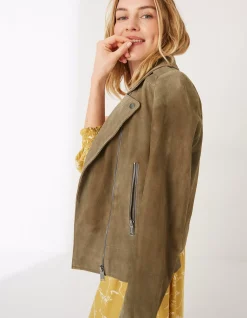 FatFace Suzie Suede Biker Jacket Mid Green Hot