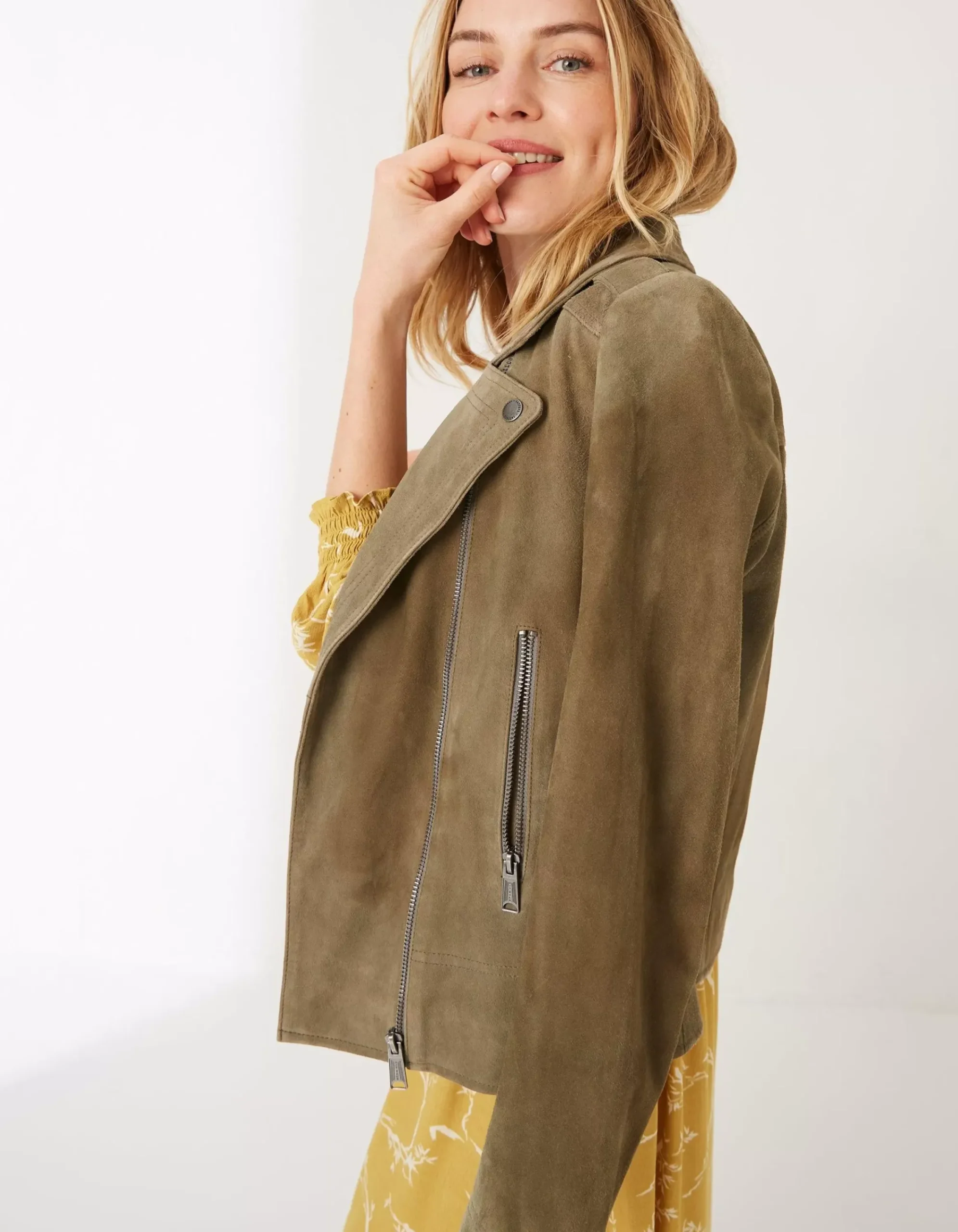 FatFace Suzie Suede Biker Jacket Mid Green Hot