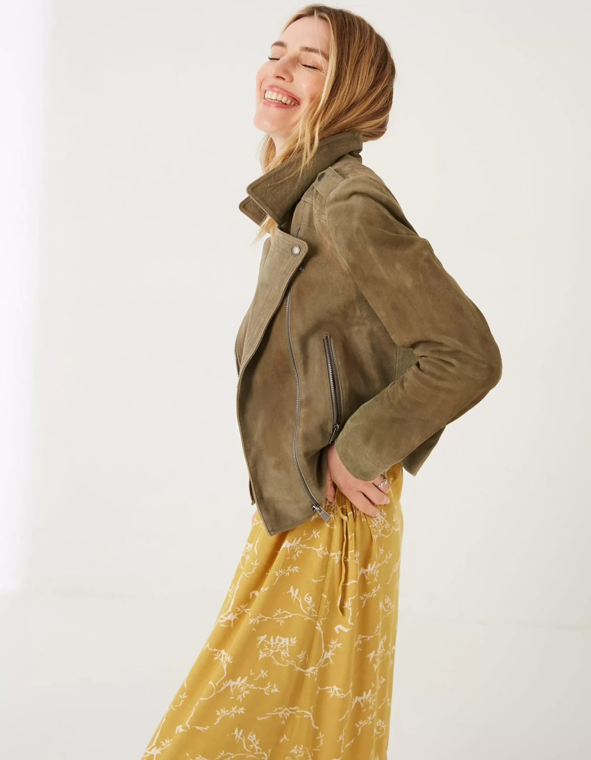 FatFace Suzie Suede Biker Jacket Mid Green Hot