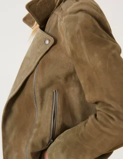 FatFace Suzie Suede Biker Jacket Mid Green Hot