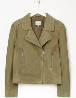 FatFace Suzie Suede Biker Jacket Mid Green Hot