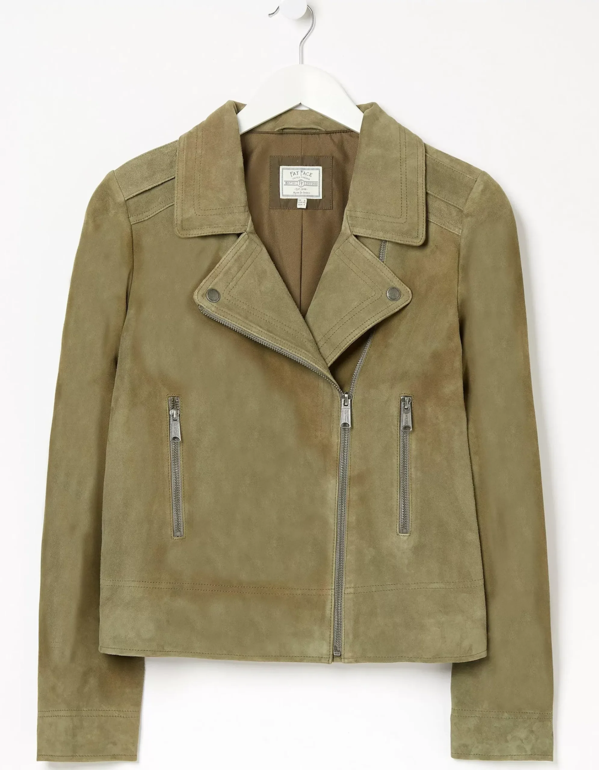 FatFace Suzie Suede Biker Jacket Mid Green Hot