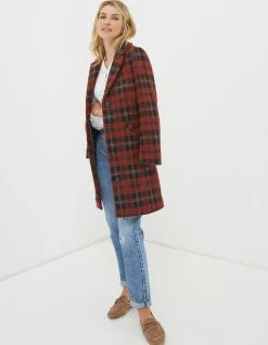 FatFace Tanya Wool Blend Check Coat Rust Red Sale