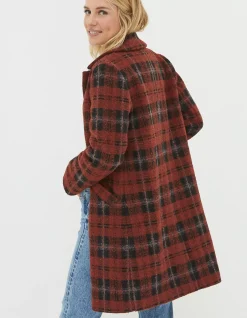 FatFace Tanya Wool Blend Check Coat Rust Red Sale