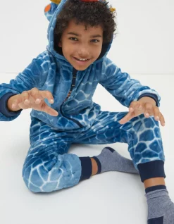 FatFace Terry Dinosaur Onesie Blue Clearance