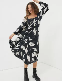 FatFace Tessa Twilight Leaves Midi Dress Black New