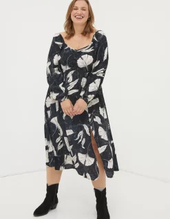 FatFace Tessa Twilight Leaves Midi Dress Black New