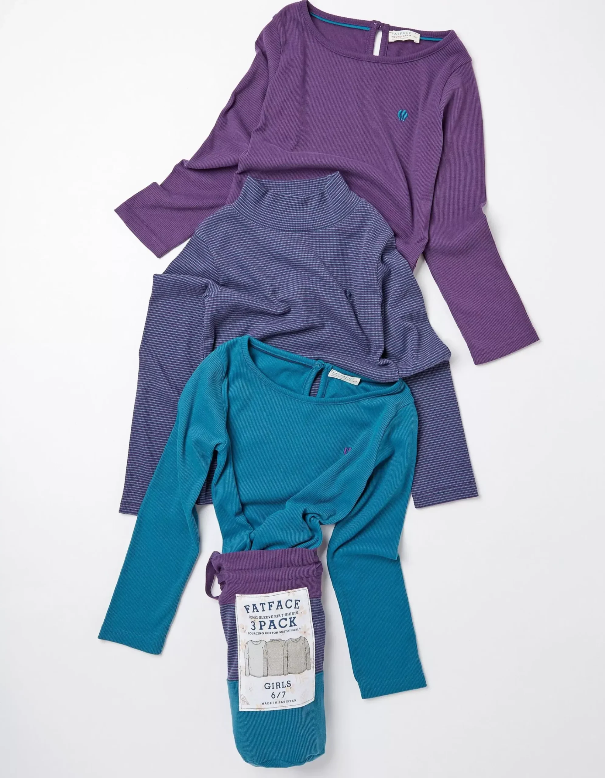 FatFace Three Pack Long Sleeve T-Shirts Teal Green Hot