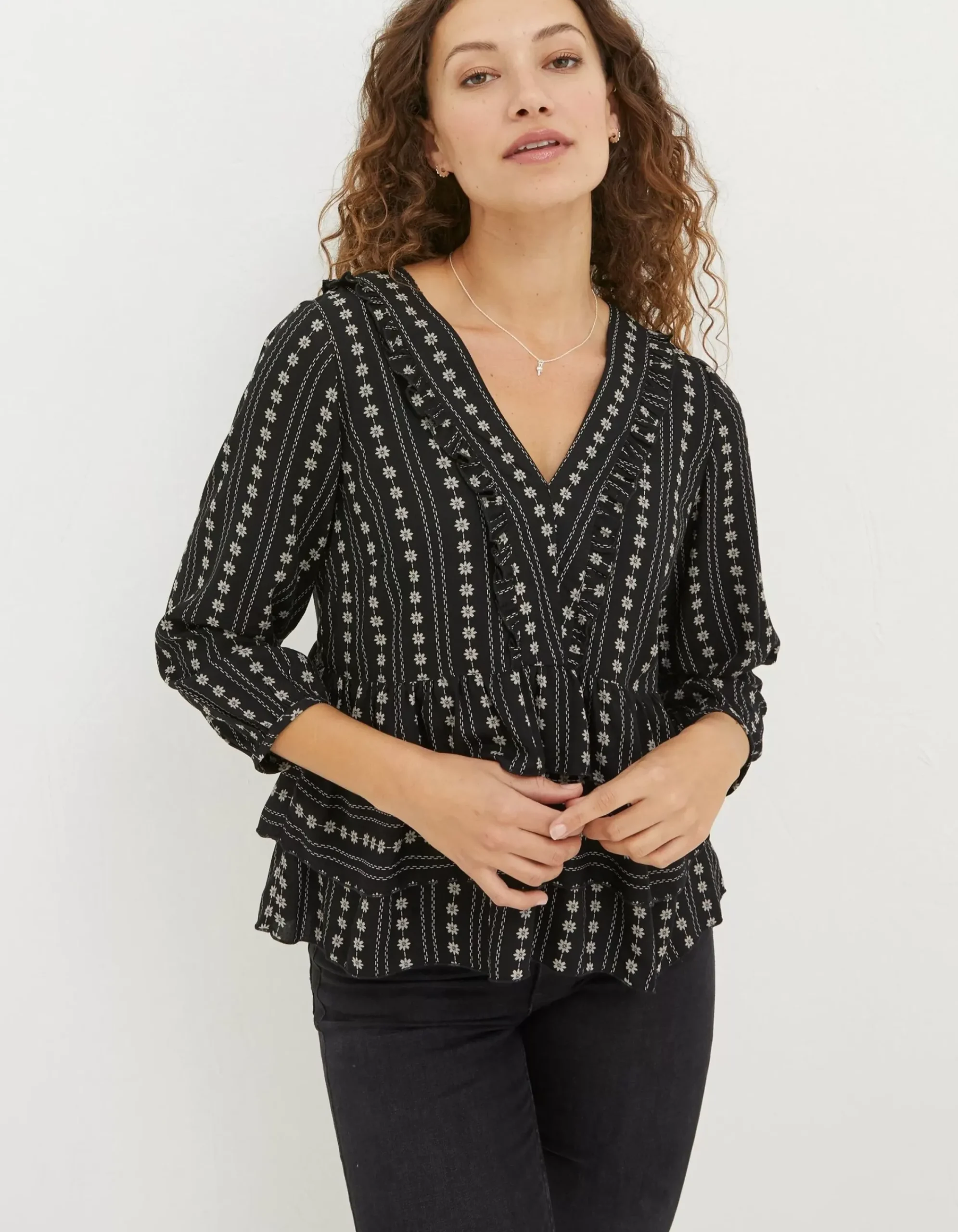 FatFace Tibby Frill Floral Blouse Black Best