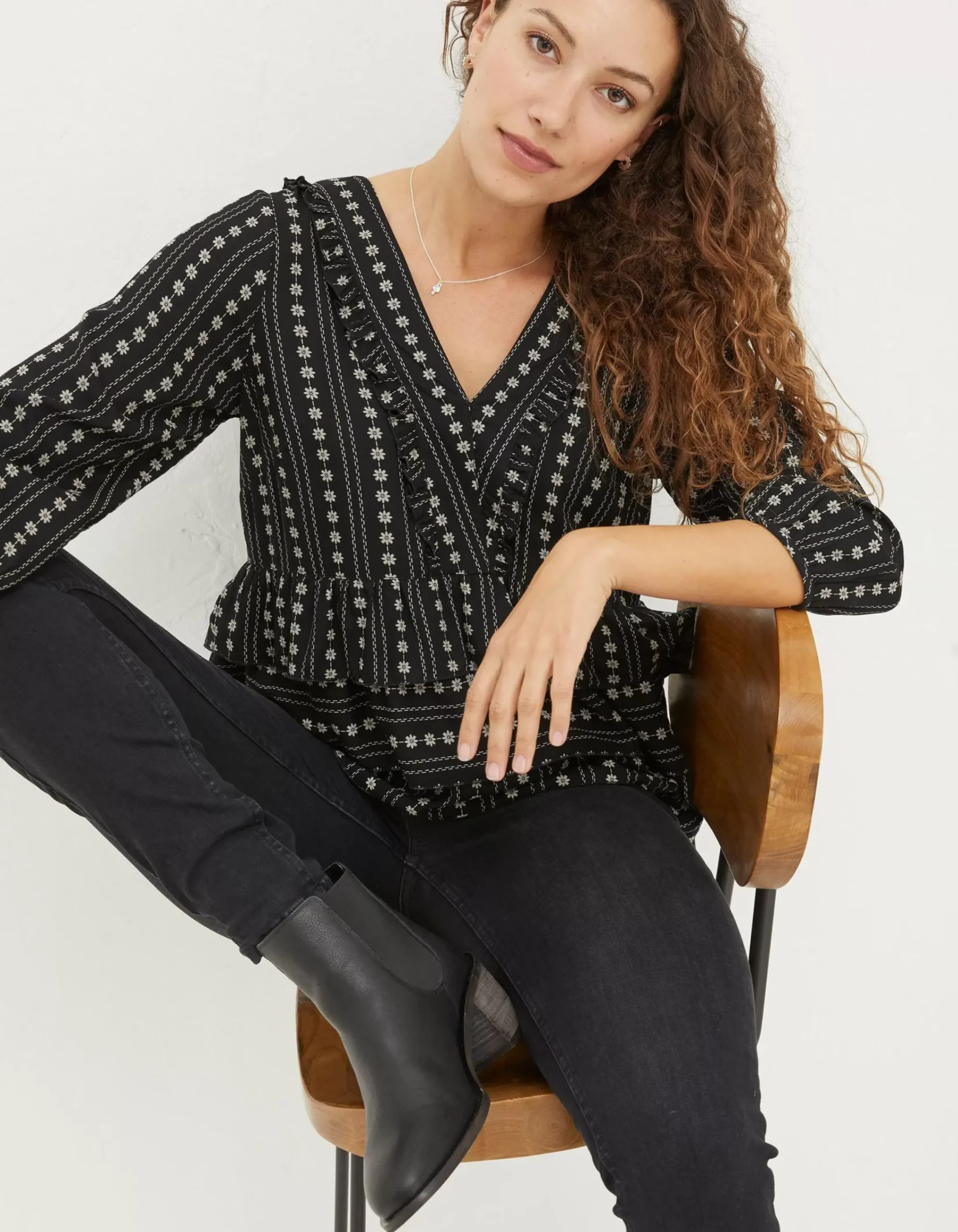 FatFace Tibby Frill Floral Blouse Black Best