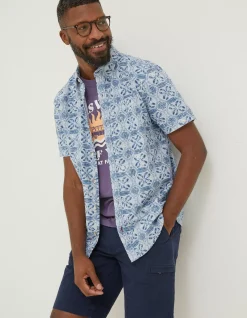 FatFace Tile Print Shirt Washed Blue Outlet