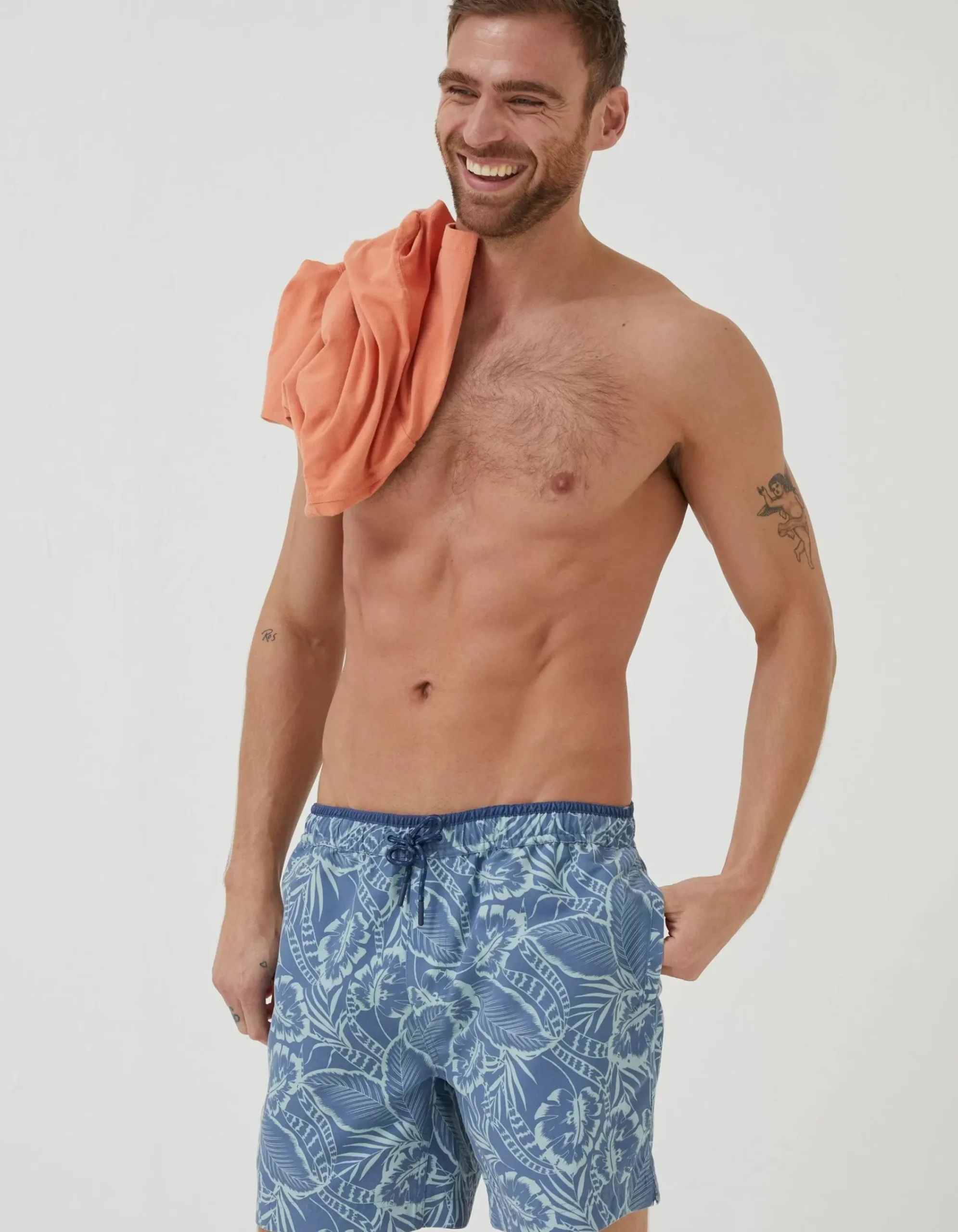 FatFace Trevose Palm Print Swim Shorts Washed Blue Discount