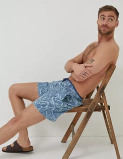 FatFace Trevose Palm Print Swim Shorts Washed Blue Discount