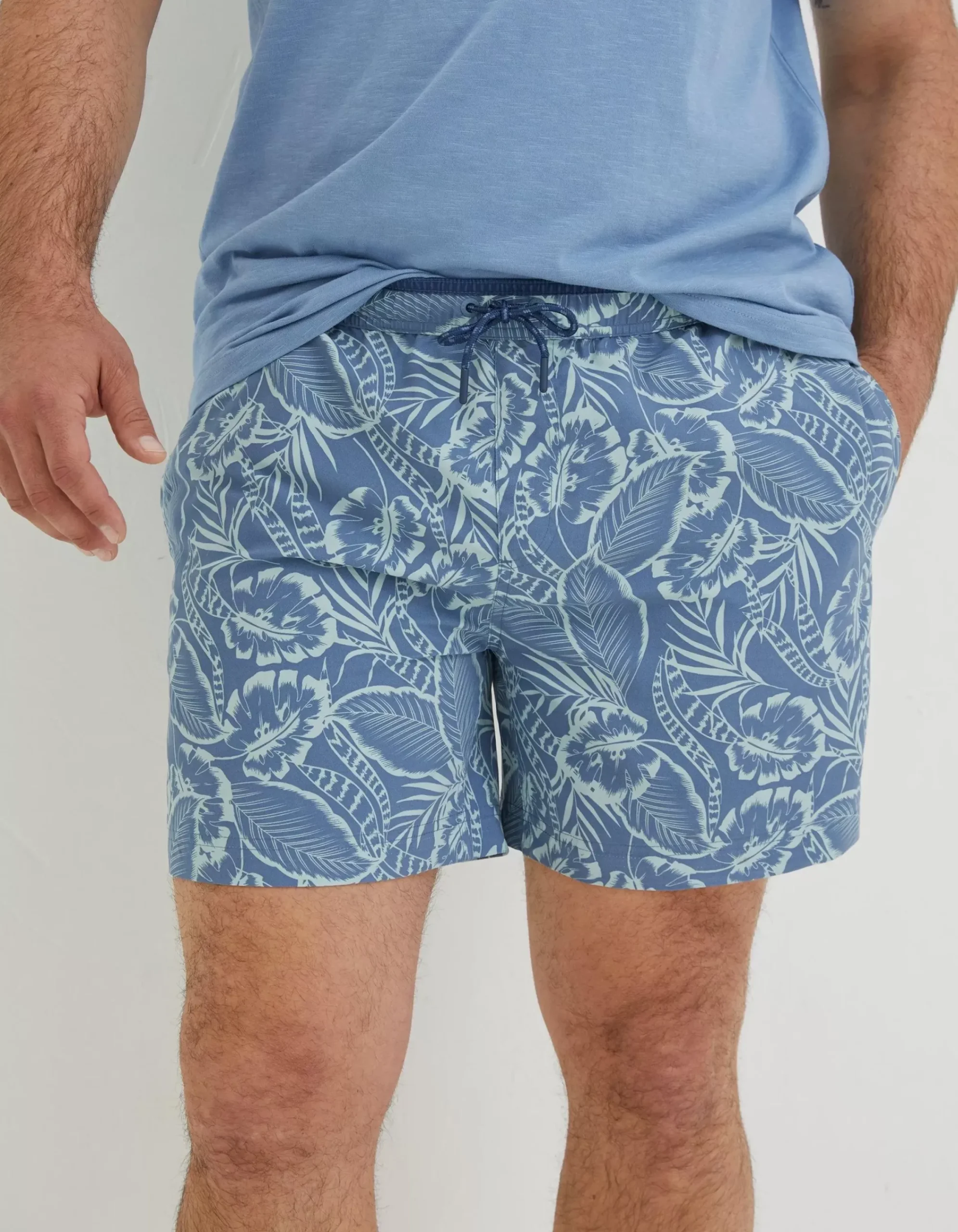 FatFace Trevose Palm Print Swim Shorts Washed Blue Discount