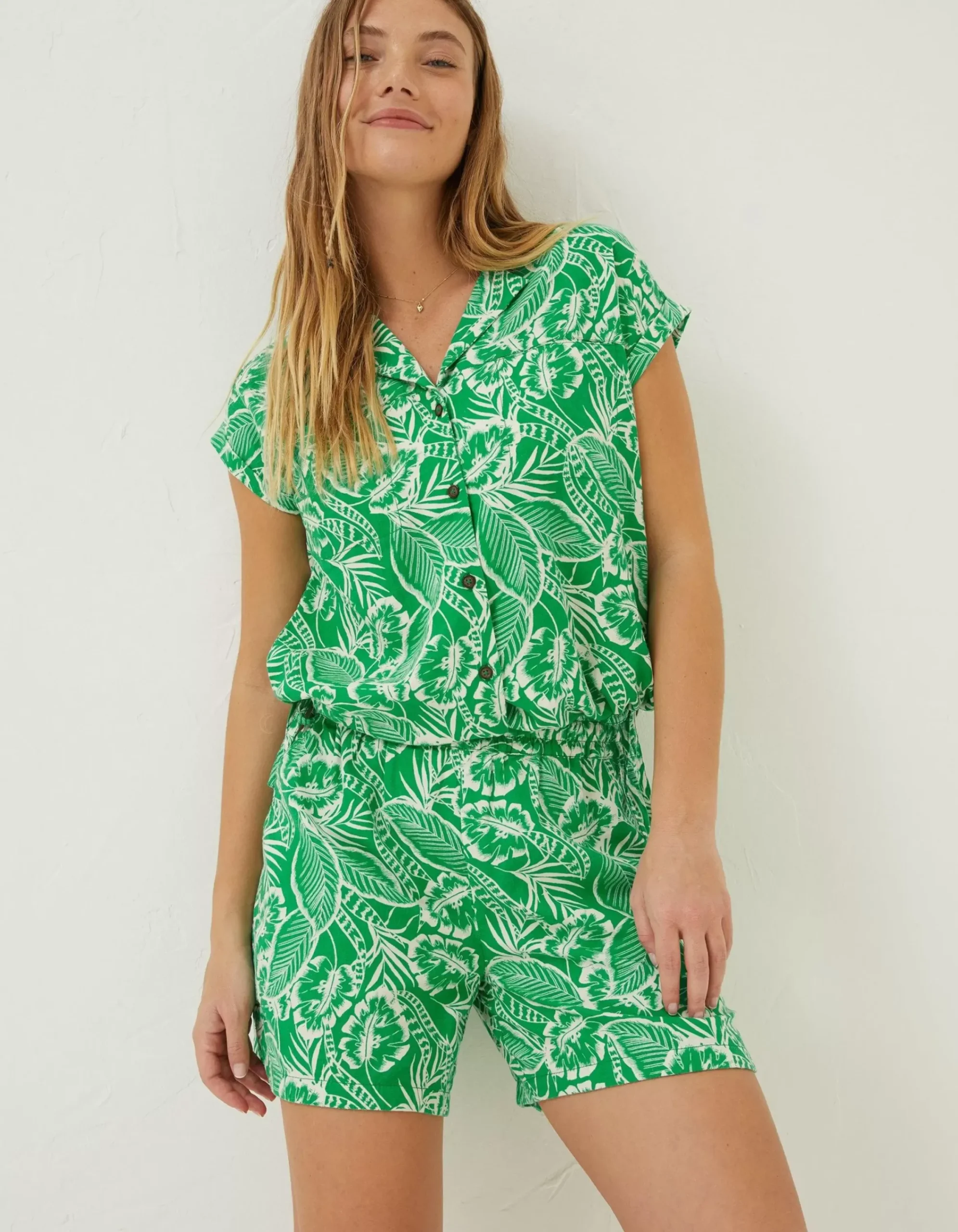 FatFace Val Leaf Linen Blend Shirt Bright Green Sale