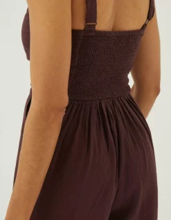FatFace Vic Linen Jumpsuit Dark Brown Clearance