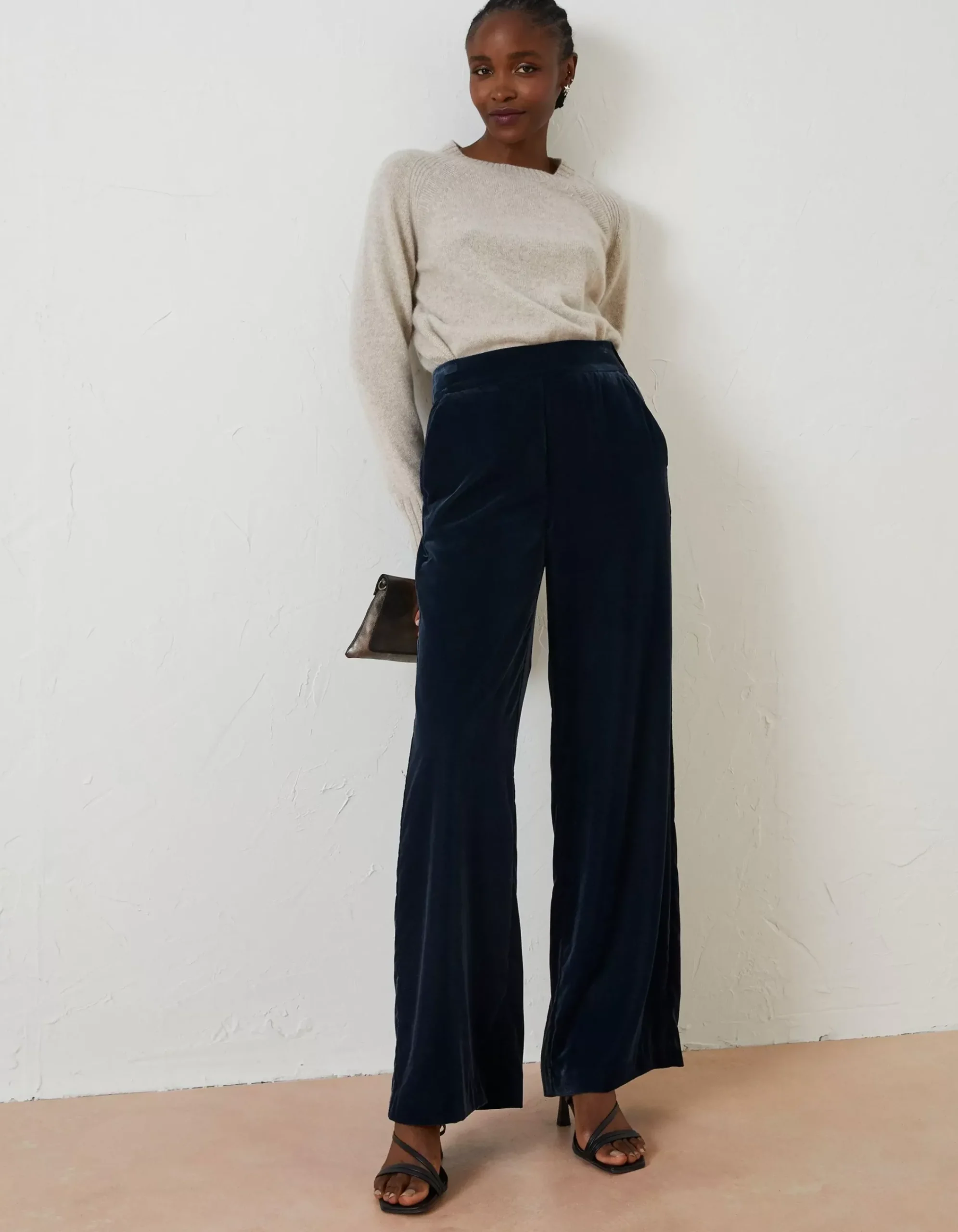 FatFace Wide Leg Velvet Trousers Dark Navy Outlet