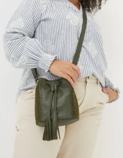 FatFace Winalie Leather Mini Bucket Bag Khaki Green Discount