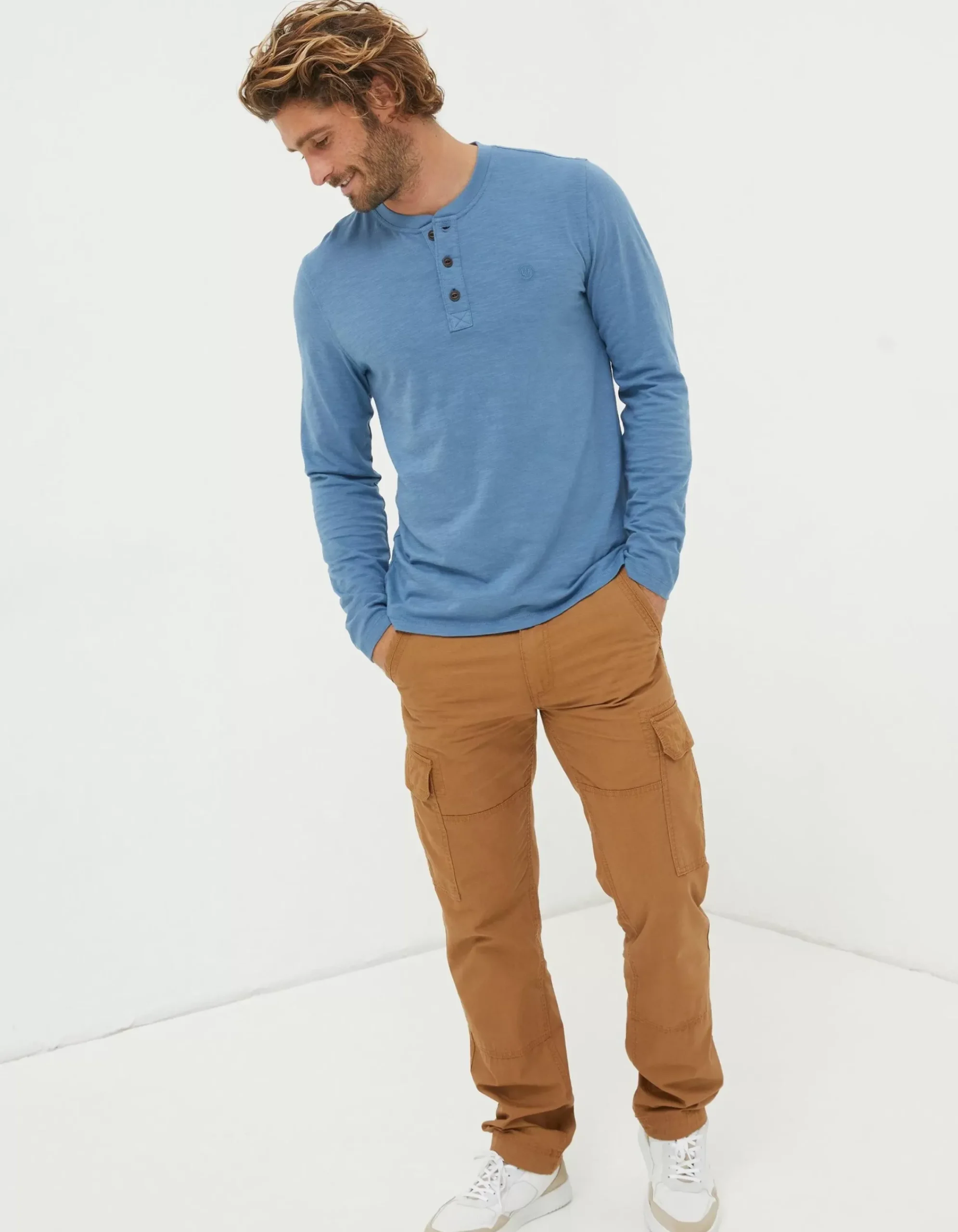 FatFace Woodside Slub Cotton Henley Light Denim Blue Sale