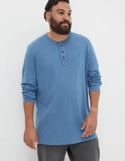 FatFace Woodside Slub Cotton Henley Light Denim Blue Sale